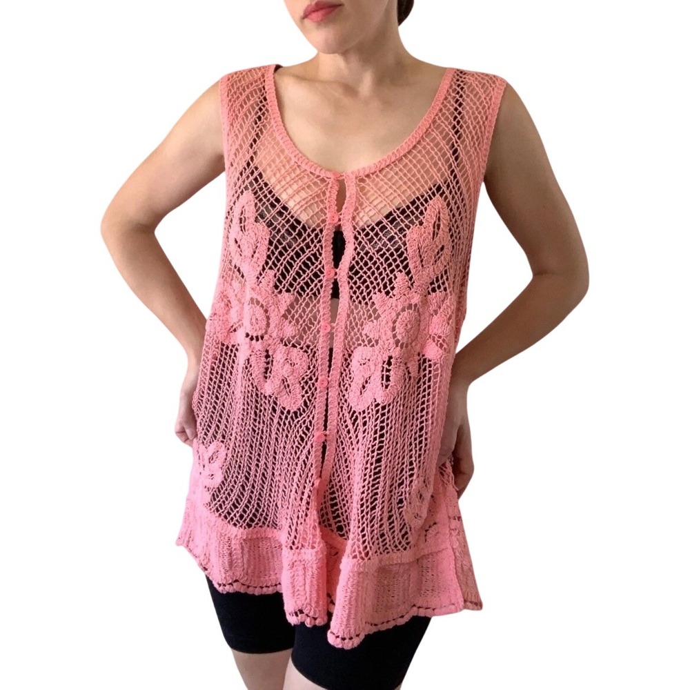 Y2K Vintage Pink Crochet Open‎ Knit Cardigan Vest 18/20W Hippie Boho Festival